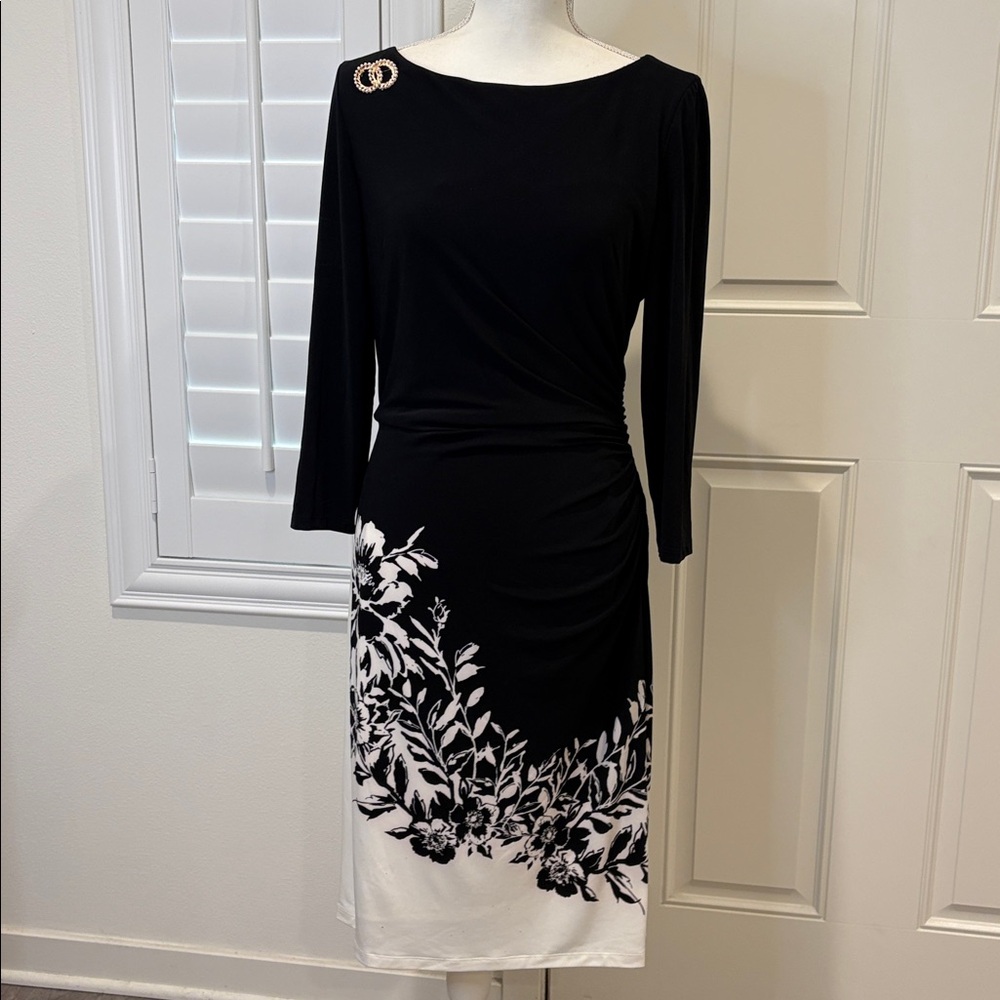Ralph Lauren Black and White Floral Border Print Ruched Sheath Dress Size 10